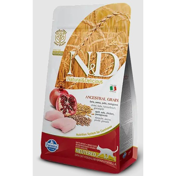 斷貨預訂11月到貨-Farmina N&D Ancestral Grain Formula Chicken & Pomegranate - Neutered 天然低敏低穀系列 石榴+雞肉絕育貓糧 1.5kg [PND0150241]