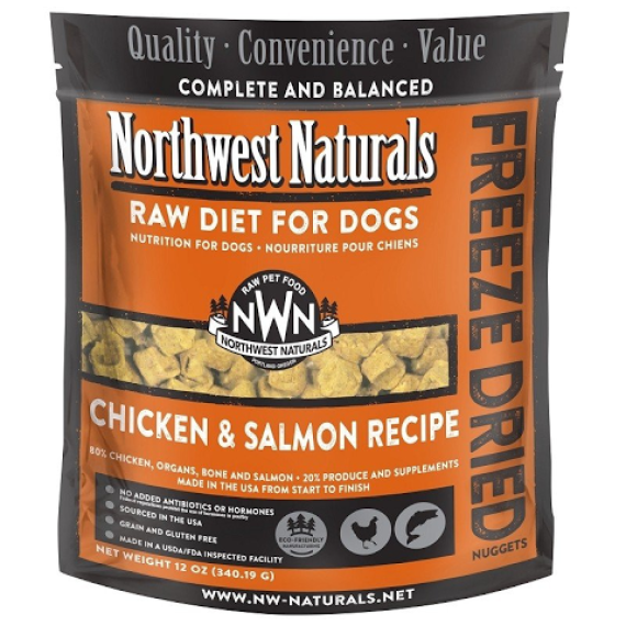 **清貨特價 (最佳食用日期:2024/08/14) ** Northwest Naturals™ NWFDSAL 無穀物脫水狗糧 – 雞肉+三文魚 340g