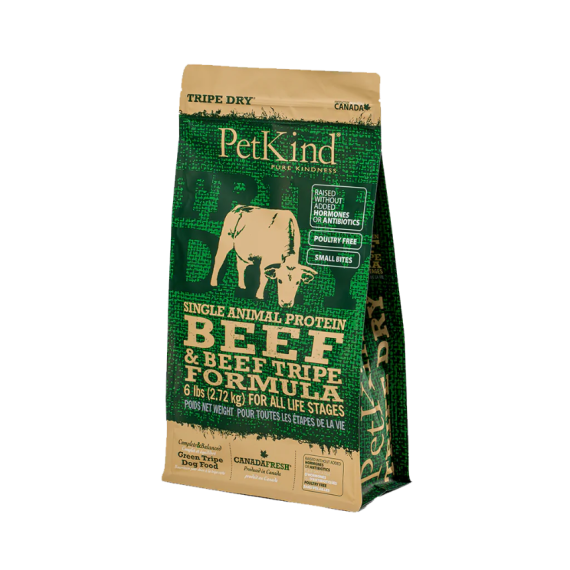 PetKind Single Animal Protein Beef & Beef Tripe 無穀物單一 牛草胃及牛肉 配方狗糧 06lb (金邊深綠)